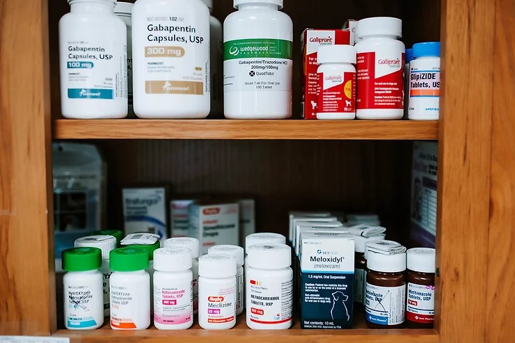 Pet medicines kept on a wall shelf